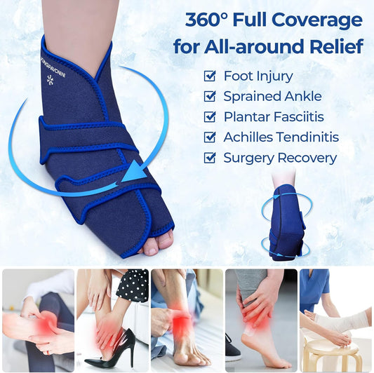 KingPavonini Ankle Foot Ice Pack Wrap, XL, Blue, 1 Wrap + 4 Gel Packs