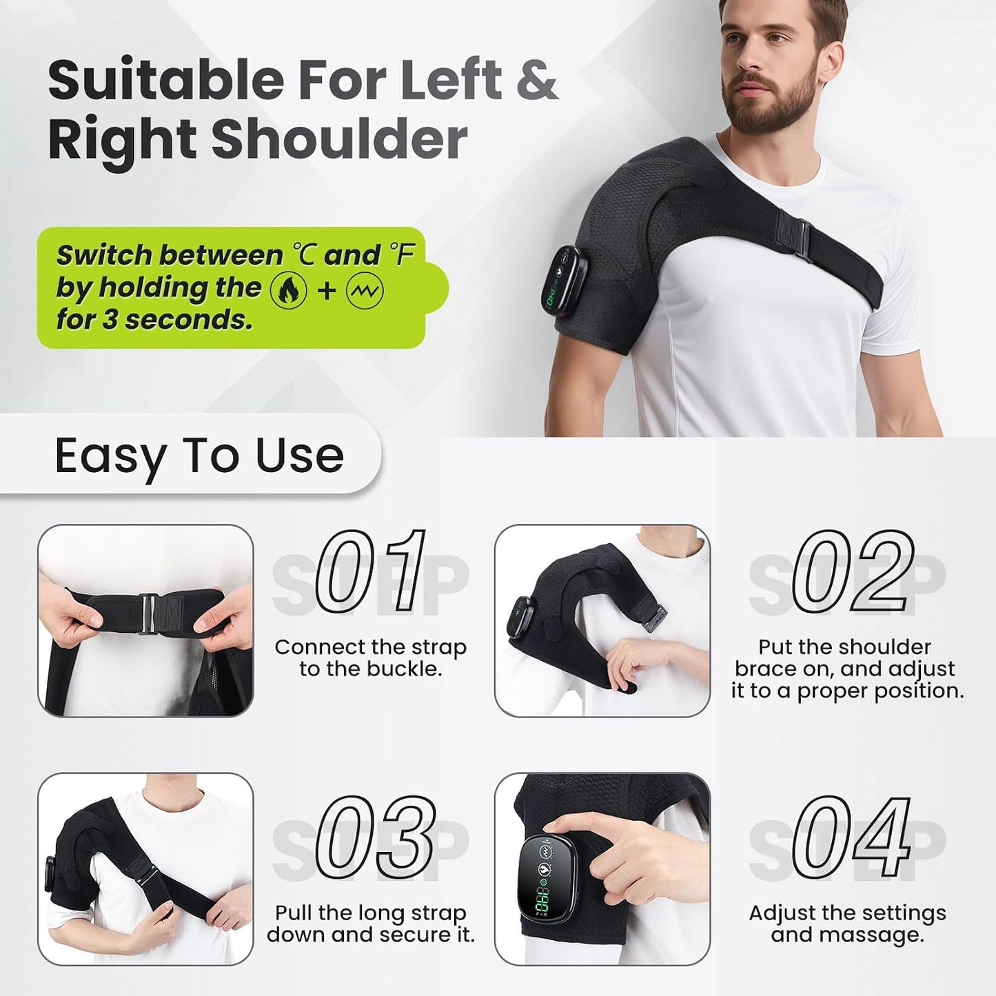 Cordless Shoulder Heating Pad with Vibration for Rotator Cuff Pain Relief, Arm Heated Massage Pad, Shoulder Support Brace with 3 Heating Levels & Vibration, Left or Right