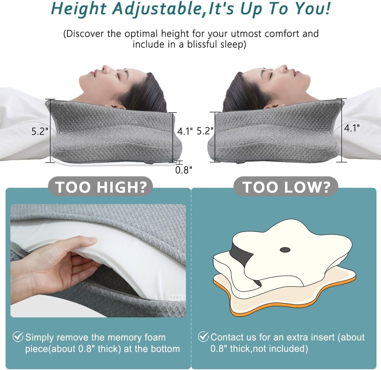 CHxxy Cervical Neck Pillow for Pain Relief Sleeping, Memory Foam Pillows, Ergonomic Side Sleeper Pillows, Cooling Orthopedic Neck Support Pillow for Back Stomach Sleepers-Queen Size Grey&Grey