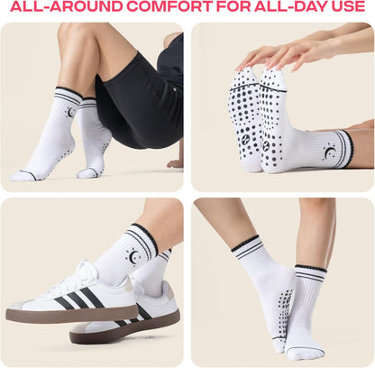 COOLMATE Pilates Socks with Grips for Women, Yoga Socks, Crew Non Slip Women for Barre, Pilates Gifts for Women - Colors B