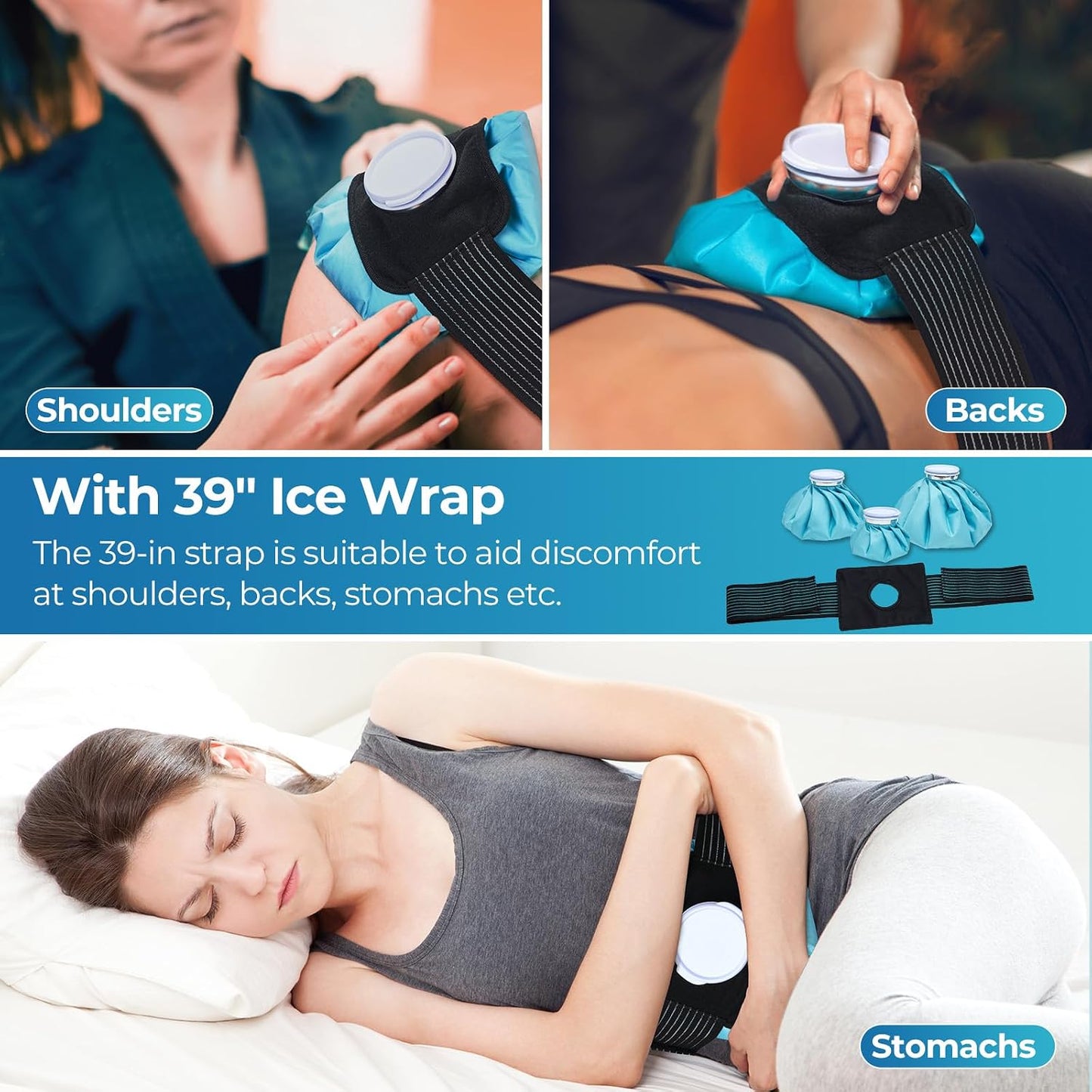 Ice Bags for Injuries Reusable: Ohuhu 3 Packs Ice Cold Packs with Wrap Ice Bag Hot Water Hot & Cold Therapy Pain Relief for Knee Leg Injury No-Leak Waterproof Ice Bags 3 Sizes 6"/9"/11", Blue