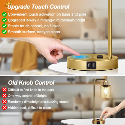 Set of 2 Industrial Touch Control Table Lamps with USB C+A Ports and AC Outlet - 3-Way Dimmable Black Bedside Lamps Nightstand Desk Lamps for Bedroom Living Room, Glass Shade & 2 LED Bulbs Included
