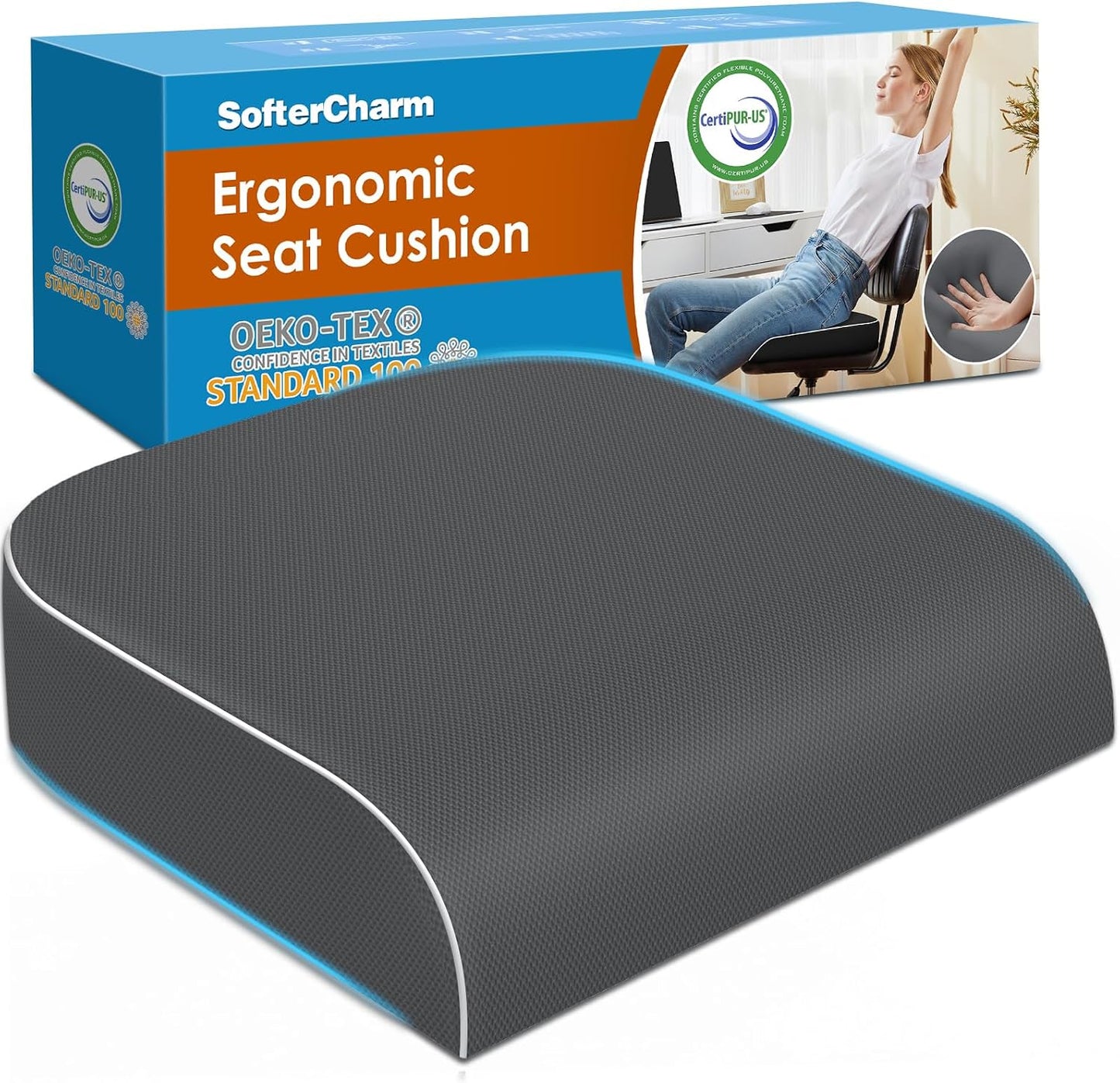Seat Cushion, Memory Foam Office Chair Cushions for Long Sitting Hours, Chair Pad for Sciatica, Coccyx, Tailbone, Hip Pain & Pressure Relief, Office, Home, Car Seats, Airplane, Black/Large