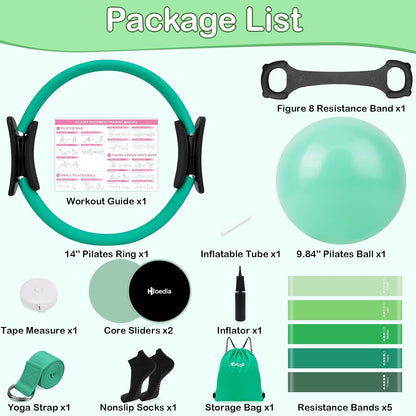 Hoedia Pilates Kit for Women, Pilates Equipment Ring and Ball Set with Resistance Bands, Yoga Strap, Core Sliders, Socks, Bag & Guide for Starter Home Workout Fitness Gym Essentials