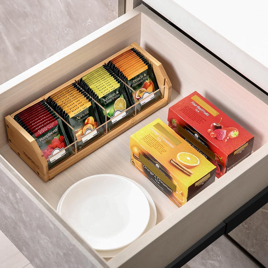 TIOPGHAD 2-Layer Stackable Bamboo Tea Bag Organizer Storage Holder & Rack - Wooden Tea Box Containers - Stand for Countertop or Cabinet