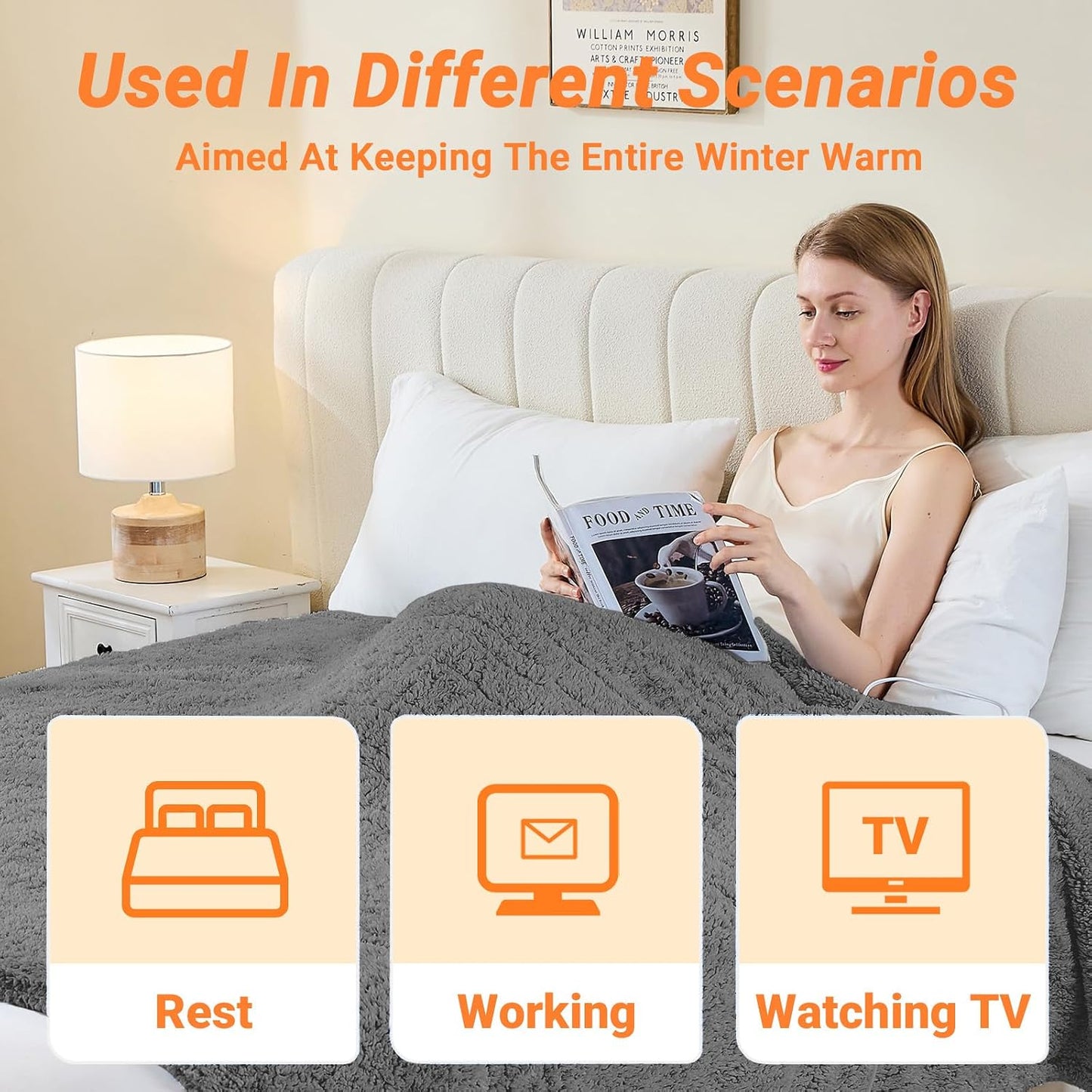 Electric Blanket Heated Throw, Soft Flannel 50"x60" Heating Blanket with 8 Hours Auto Off 10 Fast Heating Levels Machine Washable Sherpa Heated Blanket with Overheating Protection