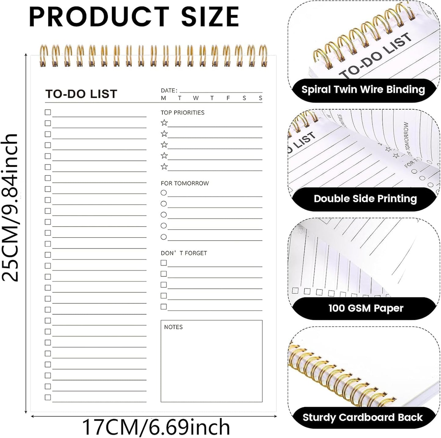 to Do List Notepad, Undated Daily Planner, 120 Pages, 6.7 x 9.8 in | 100 GSM FSC Paper, Plastic Cover, Spiral Bound, Tear-Off Pages, Task Checklist Layout For Home Office School Supplies