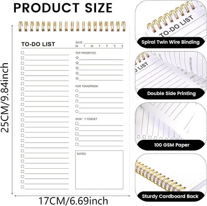 to Do List Notepad, Undated Daily Planner, 120 Pages, 6.7 x 9.8 in | 100 GSM FSC Paper, Plastic Cover, Spiral Bound, Tear-Off Pages, Task Checklist Layout For Home Office School Supplies