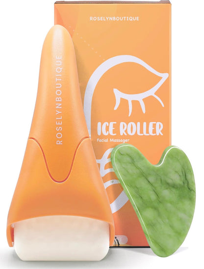 ROSELYNBOUTIQUE Ice Roller for Face & Gua Sha Facial Tools - Wrinkles Fine Lines Puffiness Massager Facial Skin Care Guasha Tools Self Care Gifts for Men Women (Pink)