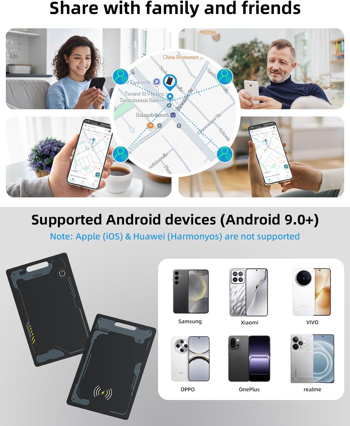 CooAoo Wallet Tracker Card Android, IP68 Waterproof Smart Card Luggage Tracker Compatible with Google Find Hub (Android Only), Rechargeable Item Locator Finder, Slim Tracking Card for Wallet, Black