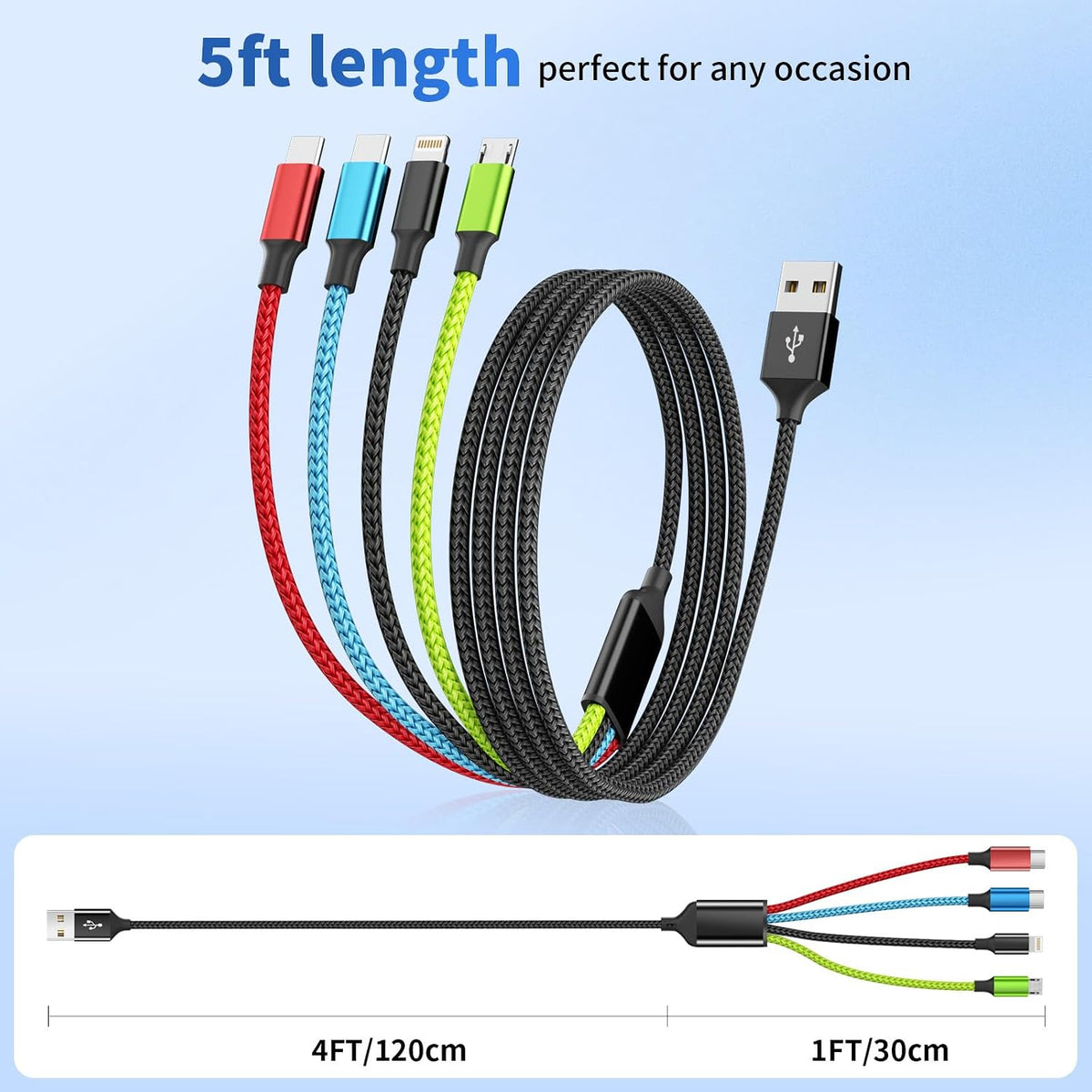 4 in 1 Multi Charging Cable, 5FT Charging Cords for Multiple Devices