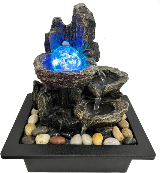 Indoor Tabletop Water Fountain Rotating Ball Rock Waterfall Fountain with Colorful Lights and Natural River Rocks, Zen Meditation for Home Office Decor (A)
