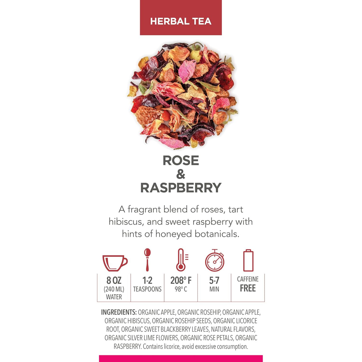 Teabloom Rose and Raspberry Loose Leaf Herbal Tea with Rose Petals & Berries | Floral Fruit Caffeine-Free Blend | Canister Makes 35–50 Cups | Gift-Ready Reusable Tin