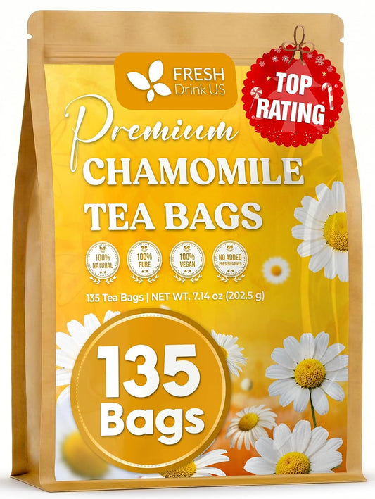 FreshDrinkUS, 135 Chamomile Tea Bags, 100% Natural and Pure Chamomile Flowers, Eco-Conscious Tea Bags. Chamomile Flower Herbal Tea. No Sugar, No Caffeine, No Gluten, Vegan.