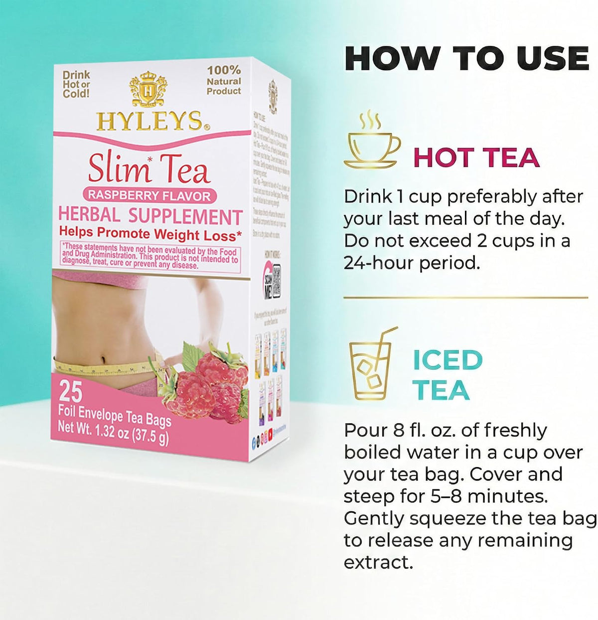 HYLEYS Slim Tea Raspberry Flavor, Detox Tea for Weight Loss, 25 Tea Bags
