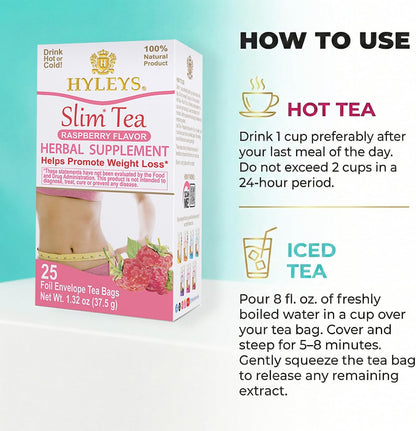 HYLEYS Slim Tea Raspberry Flavor, Detox Tea for Weight Loss, 25 Tea Bags