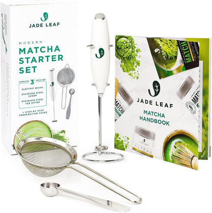Jade Leaf Matcha - Traditional Starter Set - Japanese Matcha Gift Set Includes: Bamboo Whisk (Chasen), Scoop (Chashaku), Stainless Steel Sifter, Fully Printed Handbook