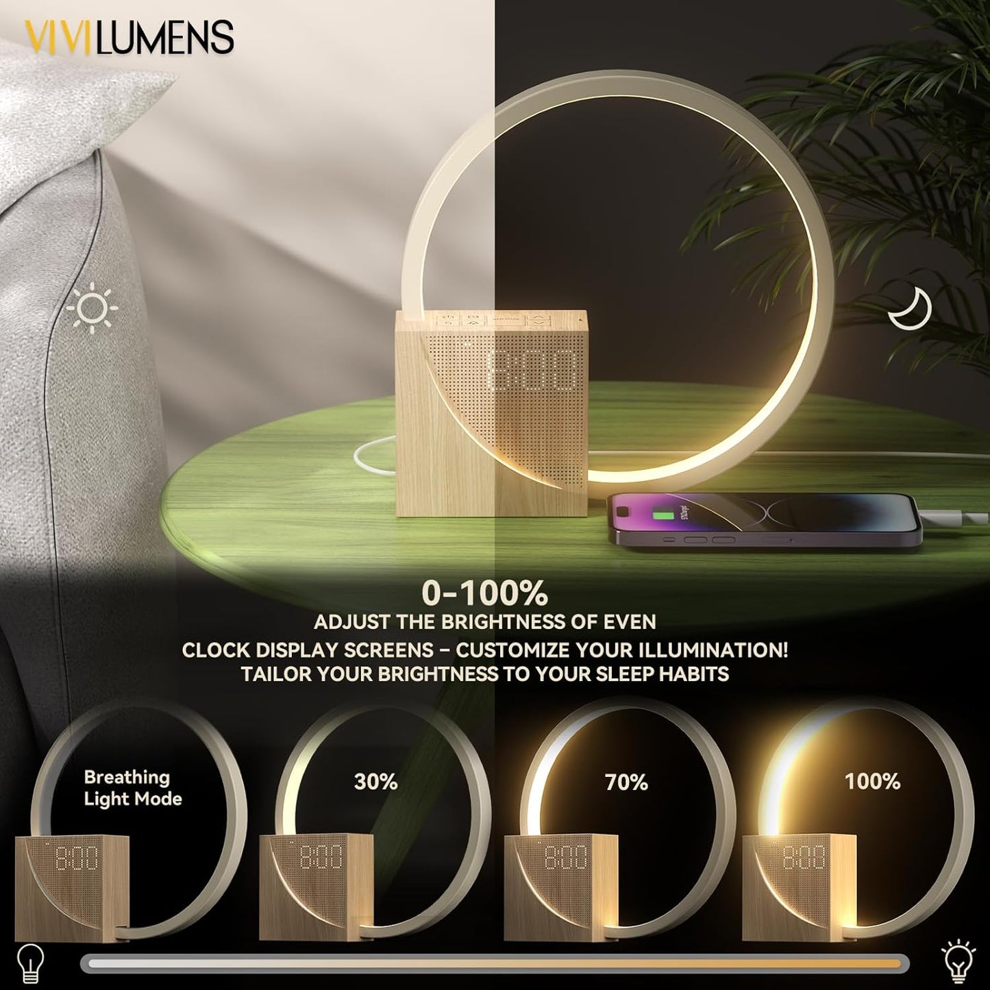Vivilumens Sunrise Alarm Clock Sound Machine Nightlight, Gradual Wake Up Light, Digital Dimmable Clock, 10 White Noise Sleep Sounds, Snooze, Dual Clocks for Heavy Sleeper Adult, Decor Gifts for Women