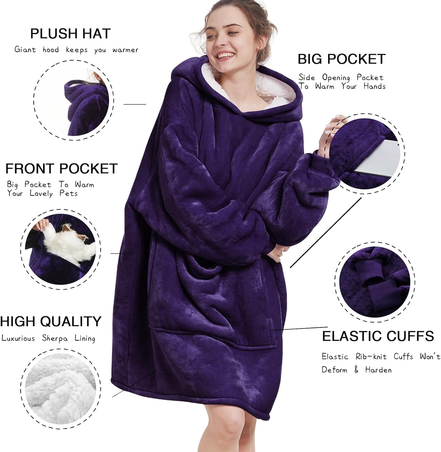 Aemilas Wearable Blanket Hoodie - Warm Sherpa Blanket Sweatshirt as Gifts for Adult Women Mom Men, One Size Fits All