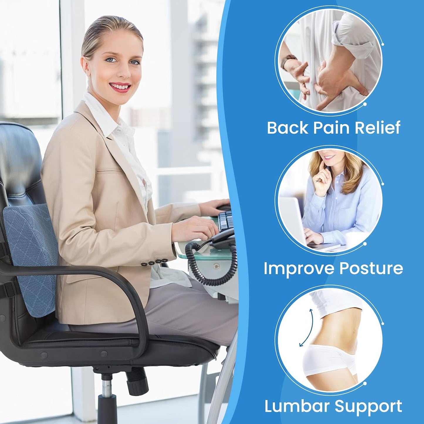 Lumbar Support Pillow for Office Chair Back Support Lumbar Pillow for Car, Gaming, Office Chair - Improve Sitting Posture & Back Pain Relief, Memory Foam, Adjustable Straps, Grey