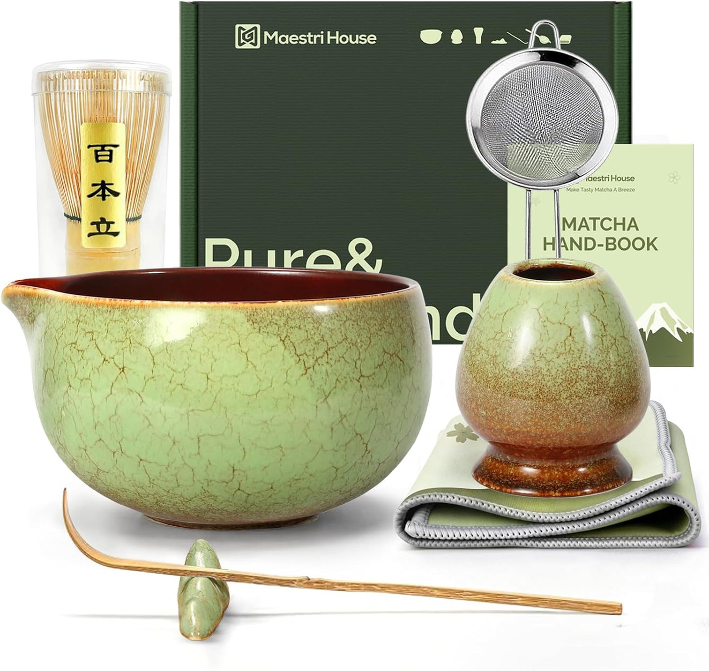 Maestri House Matcha Whisk Set, 7-Pc Complete Matcha Kit with Spouted Ceramic Bowl, Bamboo Whisk and Holder, Scoop, Spoon Rest & Sifter, Tea Cloth – Ideal Gift for Matcha Lovers (Black Stone)