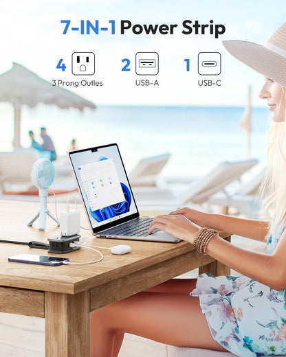 NTONPOWER GAN Ultra 65W USB Charging Station, 7 in 1 Travel Power Strip with 3 Outlets 4 USB (2 USB C), Extension Cord 4ft, Travel Essentials, Cruise Power Strip Compatible with MacBook, iPhone, White