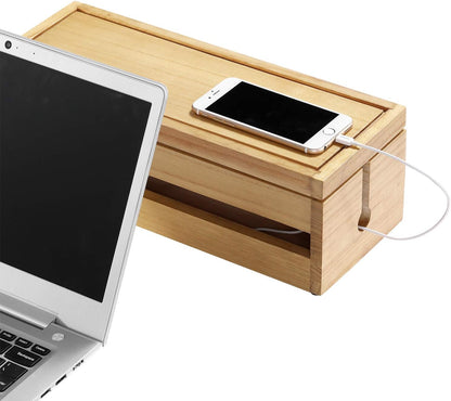 Changsuo Cable Management Box Wooden Cord Organizer Box for Extension Cord Power Stripe Surge Protector Wire Management Concealer Cover Hider for Desktop Home Office Kitchen (Brown)