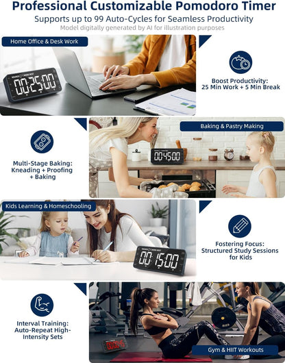 7.8" Digital Kitchen Timer with Large LED Display, Magnetic Rechargeable Countdown Timer, 5 Alarms & 4 Volume Levels, 99H Count Up/Down Timer for Cooking, Classroom & Study