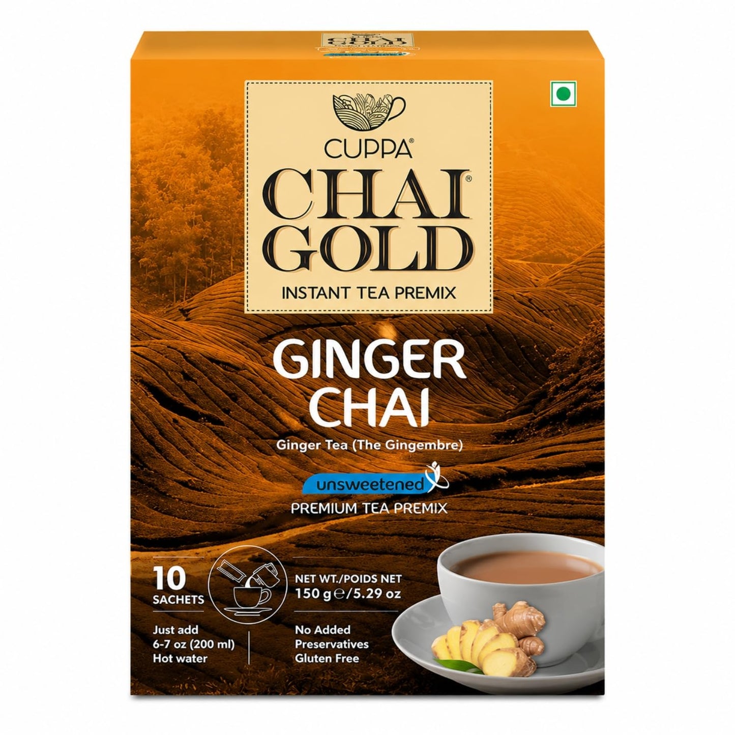 Cuppa Chai Gold Cardamom Chai Instant Tea Premix Unsweetened, No Added Sugar, Rich Cardamom Flavor Tea Beverage Mix, Just Add Hot Water, Convenient Single-Serve Sachets for Home, Office & Travel, Pack of 1 (10 Count)