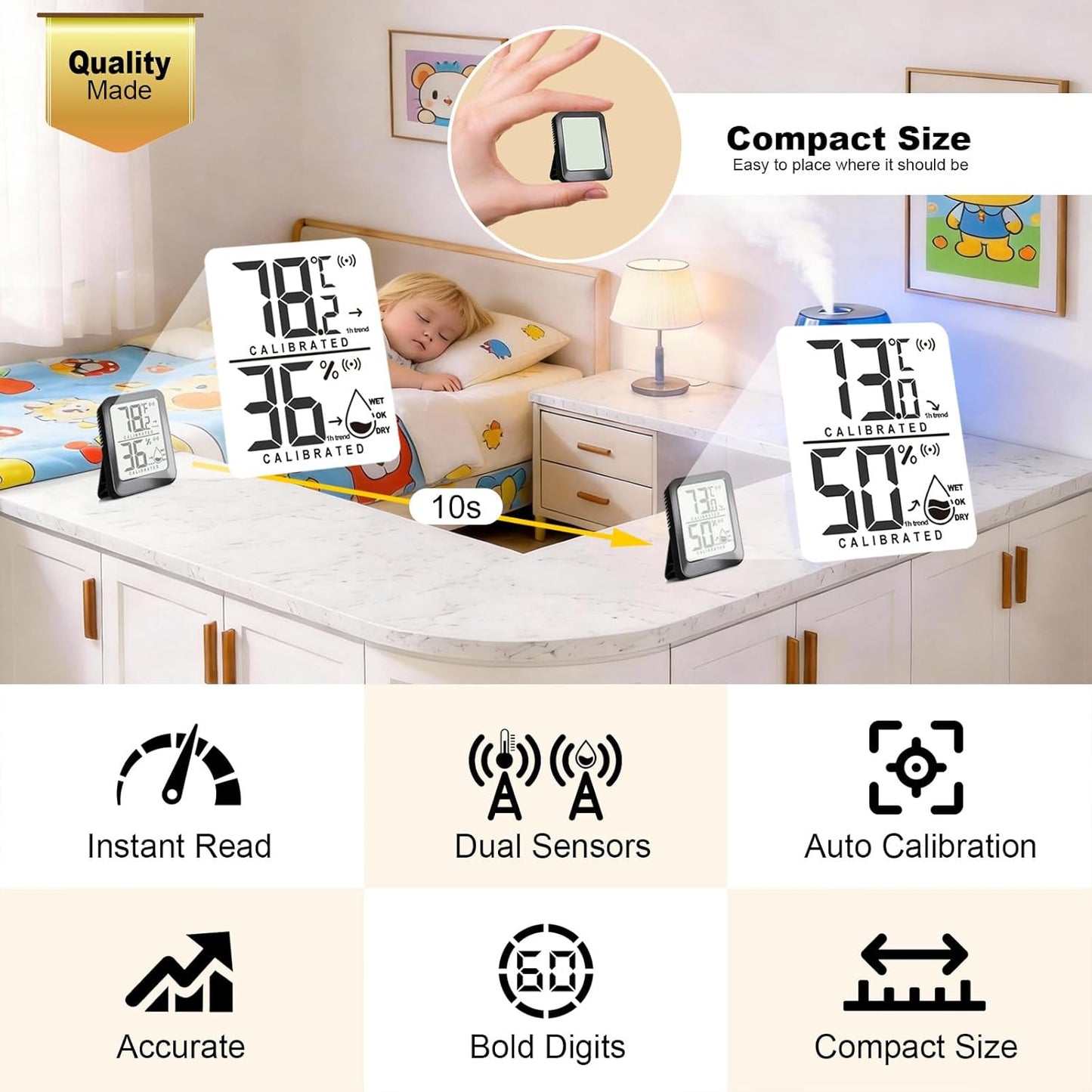 3 Pack Room Thermometer Indoor Hygrometer Digital Mini Humidity Meter Gauge with Temperature and Humidity Monitor Sensor for House, Pet, Plant, Incubator - Battery Included