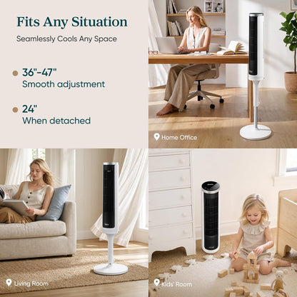 LEVOIT Tower Fan for Bedroom, Standing Fan with 36”-47” Adjustable Height, 90° Oscillating Room Fan, 28dB Quiet for Sleep, 23 ft/s Velocity, 5 Speeds 4 Modes, 12H Timer, Remoter, for Home, White