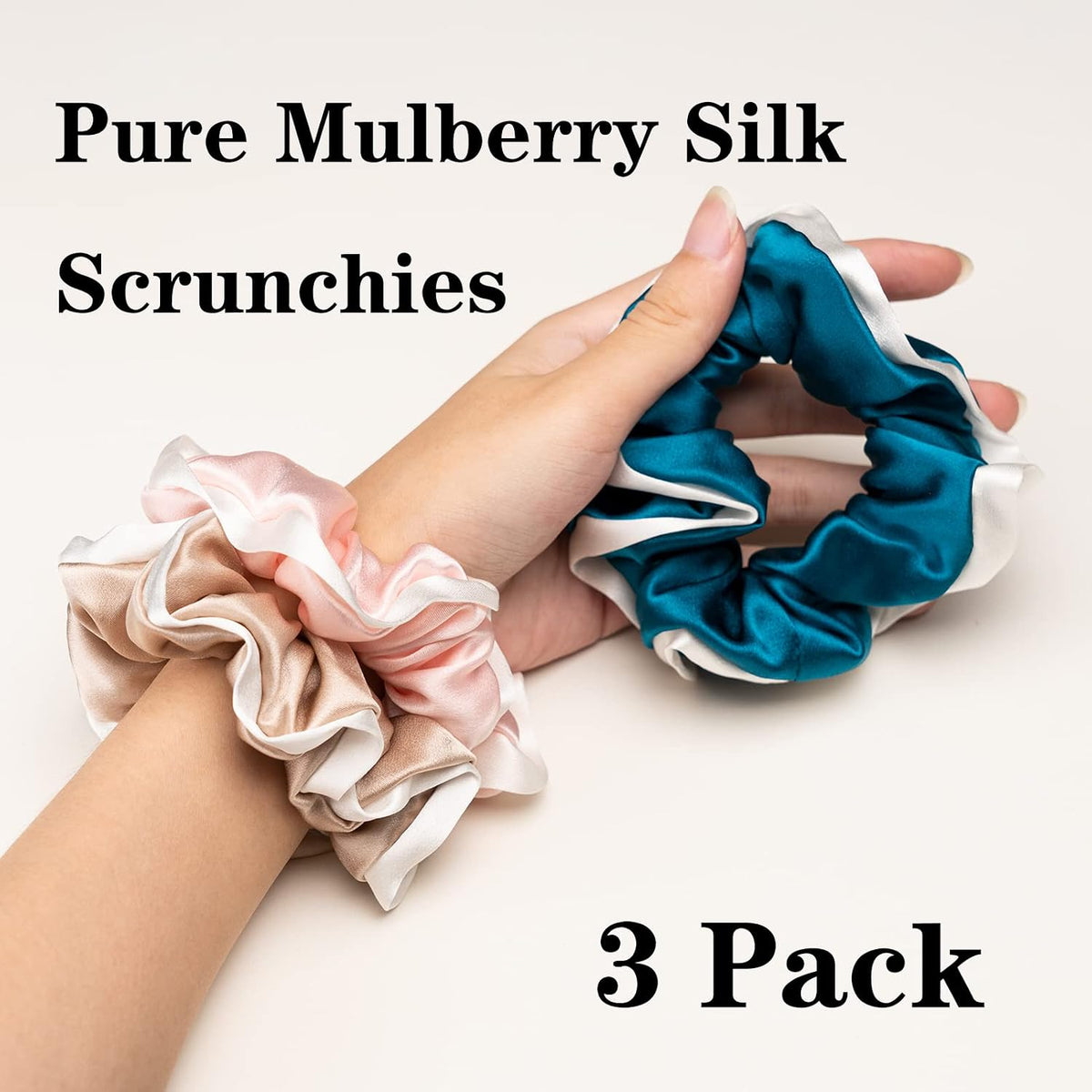 Silk Scrunchies for Hair 100% Mulberry Silk Hair Ties 3 Pack(Black, Navy Blue, Emerald)