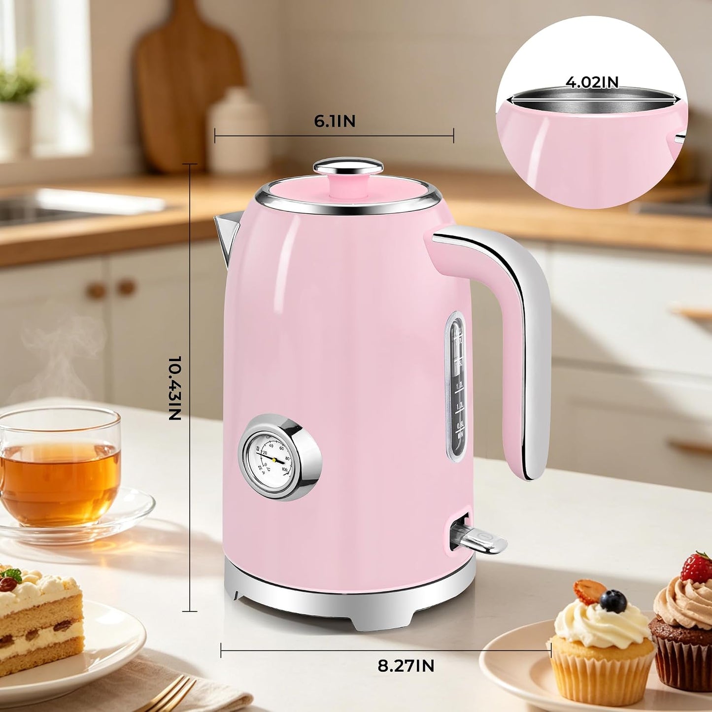 SUSTEAS Electric Kettle - 57oz Hot Tea Water Boiler with Thermometer, 1500W Fast Heating Stainless Steel Pot, Cordless LED Indicator, Auto Shut-Off & Boil Dry Protection, Retro Green