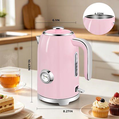 SUSTEAS Electric Kettle - 57oz Hot Tea Water Boiler with Thermometer, 1500W Fast Heating Stainless Steel Pot, Cordless LED Indicator, Auto Shut-Off & Boil Dry Protection, Retro Green