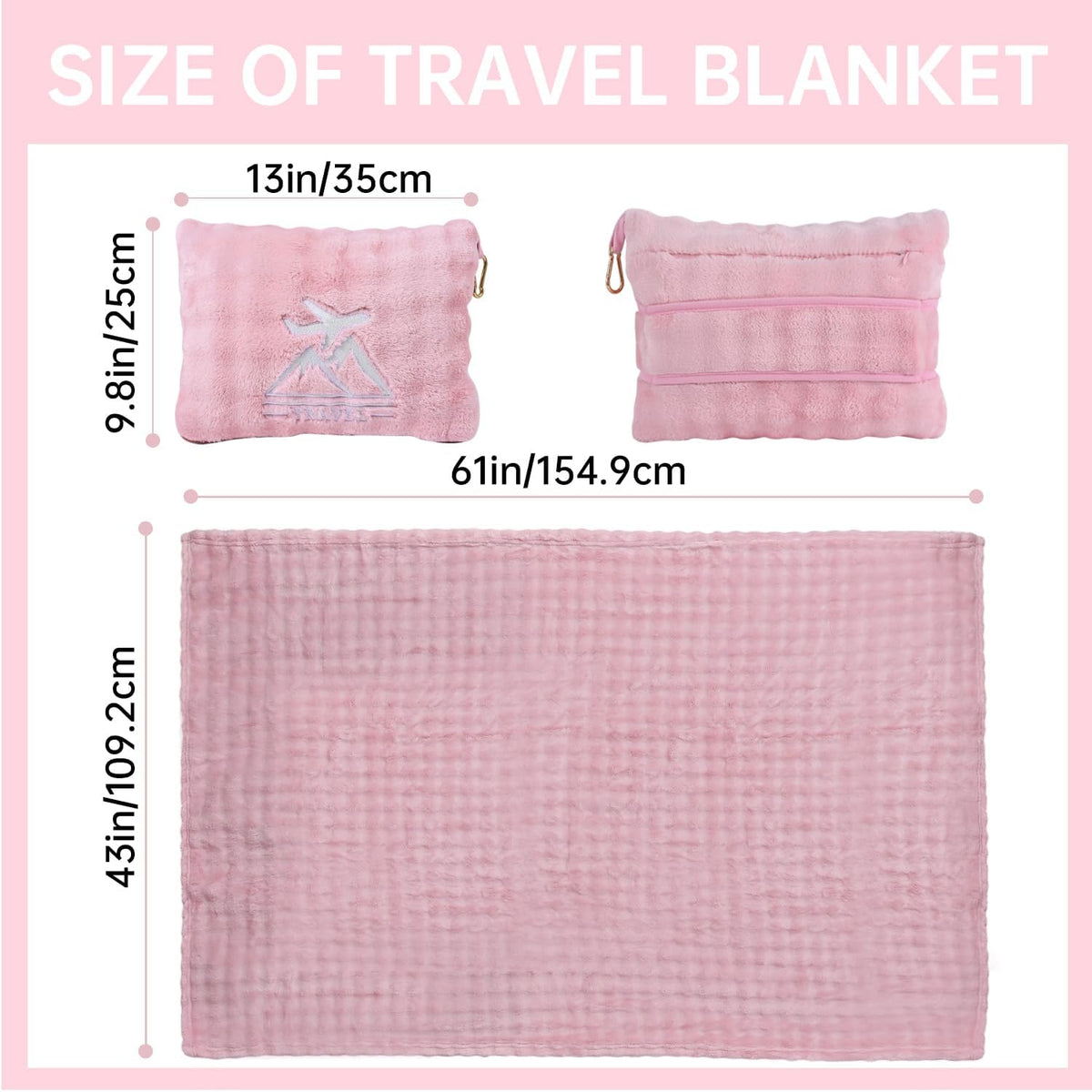 Travel Blanket and Pillow-2-in-1, Ultra-Soft&Compact, Airplane Blanket with Hand Luggage Belt and Backpack Clip,Travelers Accessories Gifts, 61x43 Inches(Pink