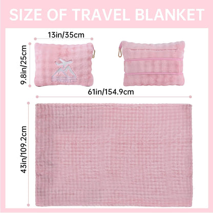 Travel Blanket and Pillow-2-in-1, Ultra-Soft&Compact, Airplane Blanket with Hand Luggage Belt and Backpack Clip,Travelers Accessories Gifts, 61x43 Inches(Pink
