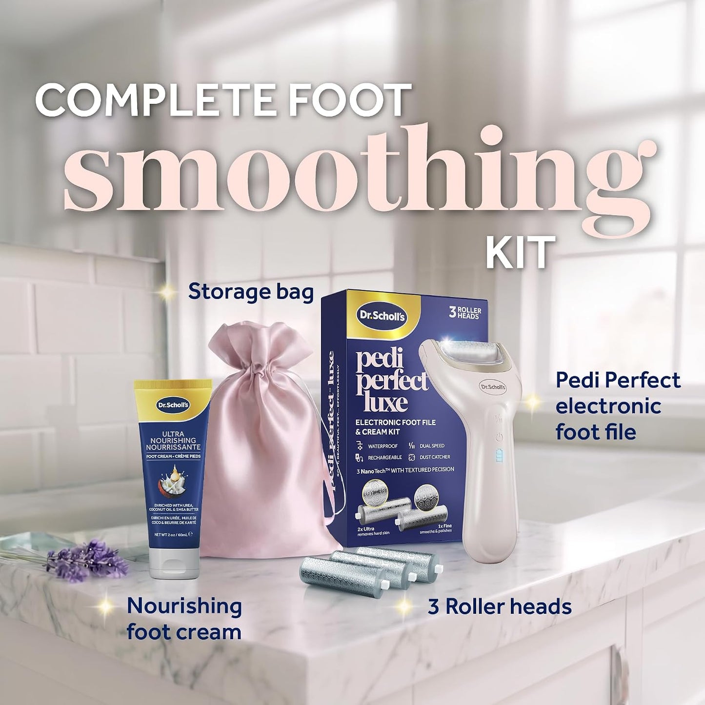 Dr. Scholl's Pedi Perfect Electric Foot Callus Remover, Waterproof, Rechargeable with x2 Roller Heads, Removes Hard Skin for Soft Beautiful Feet, 90 Minute Run Time, Dust Catcher, Pedicure Tools