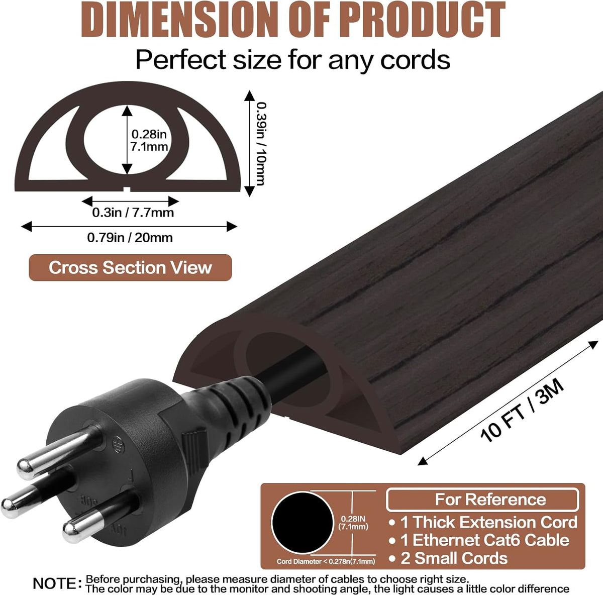 Floor Cord Cover Self Adhesive Cord Hider,10FT Cable Management, Extension Strip Protector for Wires, Prevent Cable Trips for Offices, Gyms, Exhibitions Cavity 0.39"(W) x 0.27"(H) BrownWood