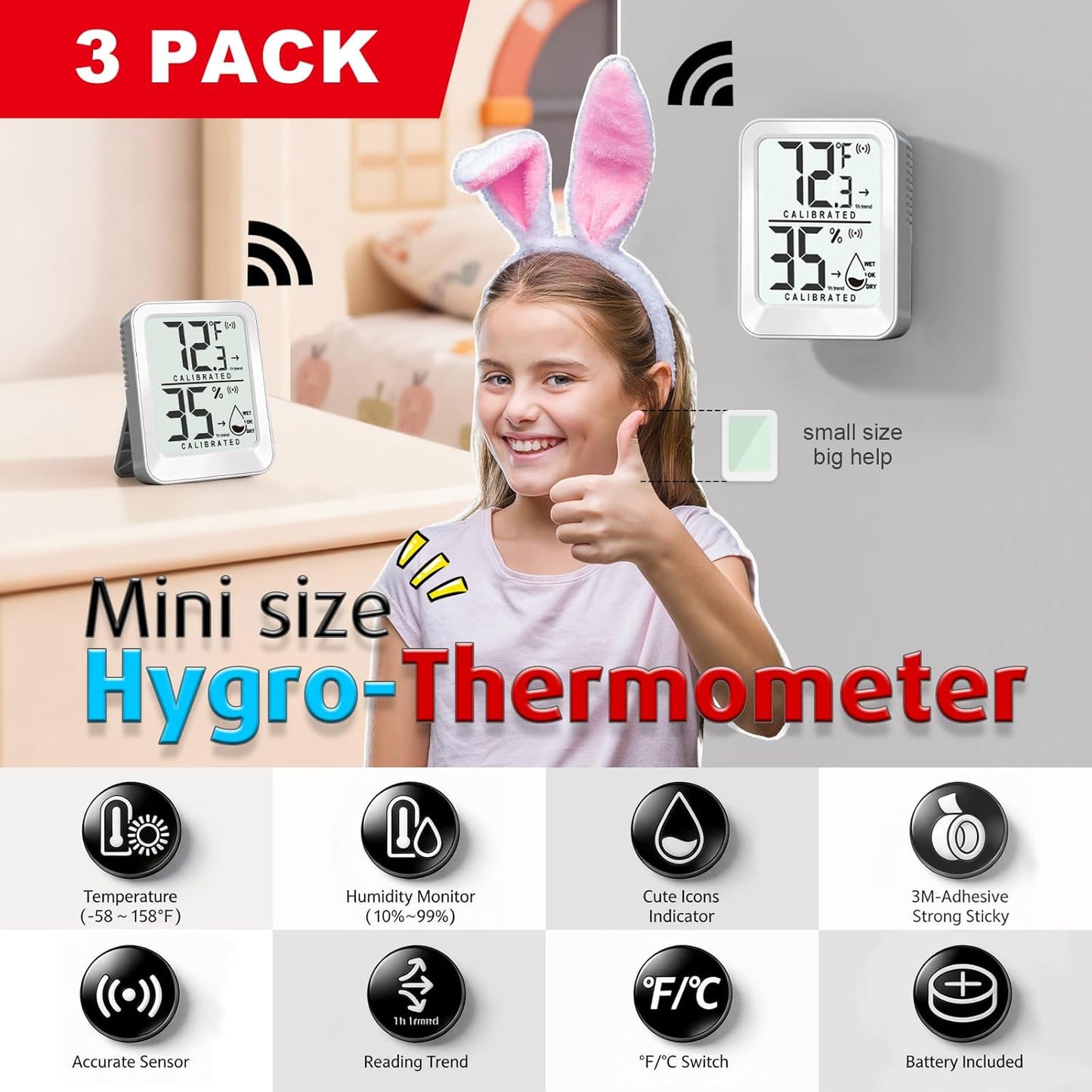 3 Pack Room Thermometer Indoor Hygrometer Digital Mini Humidity Meter Gauge with Temperature and Humidity Monitor Sensor for House, Pet, Plant, Incubator - Battery Included