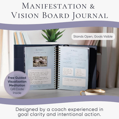 Vision Board Kit & Guided Manifestation Journal | Goal Planner & Habit Tracker, Self Care & Reflection Tools | Undated Vegan Leather Hardcover | Visions in Motion Portable Vision Board