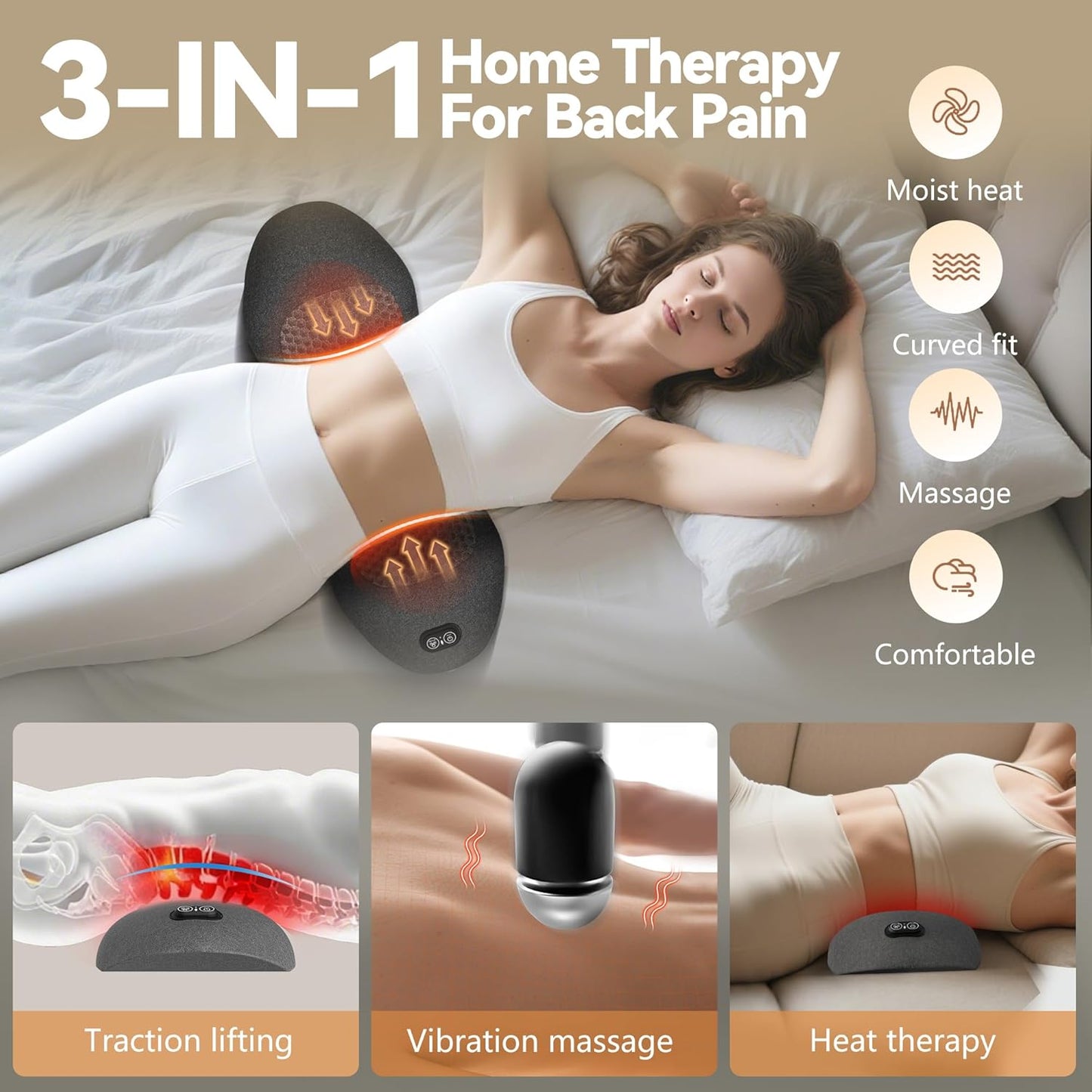 3 in 1 Smooth Spine Triple Fusion Back Massager,Sciatica Pain Relief Device with Heat & Vibration &Stretching, Back Massager for Pain Relief Deep Tissue, Lumbar Pillow for Office Home Use