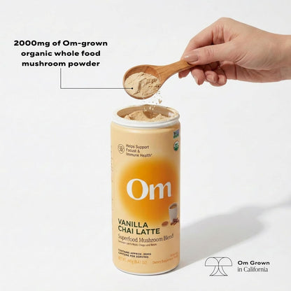 OM MUSHROOM SUPERFOOD Matcha Latte Blend – Green Tea Mushroom Powder with Lion’s Mane, Reishi, Chaga & Turkey Tail – Focus, Calm & Stress Support – 8.47 oz Canister (30 Servings)
