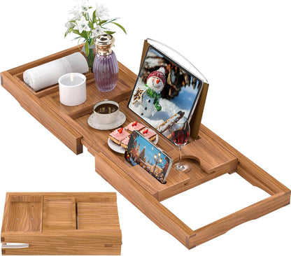 Artmalle Luxury Bathtub Caddy Tray for Tub - Foldable Bamboo Bath Table Tray with Book and Wine Glass Holder, Expandable Bathroom Accessories for Spa or Reading Lite Style