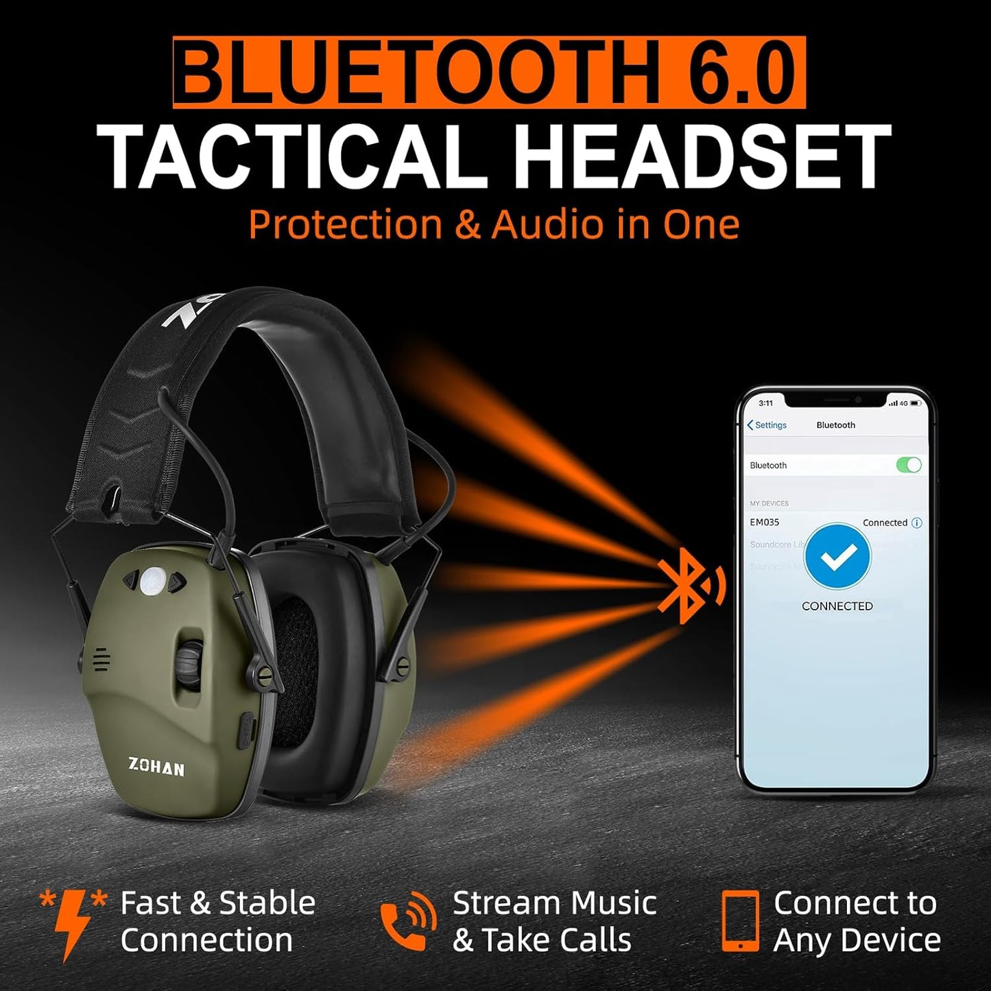 ZOHAN 035 Bluetooth 6.0 Shooting Ear Protection Earmuff, Active Noise Canceling, Hearing Protection with Sound Amplification (Green Bluetooth)
