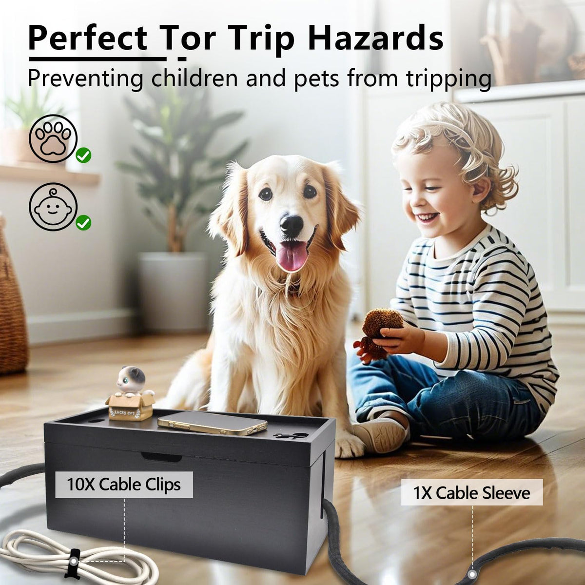 15 Inch Bamboo Large Cable Management Box, Black Cord Organizer
