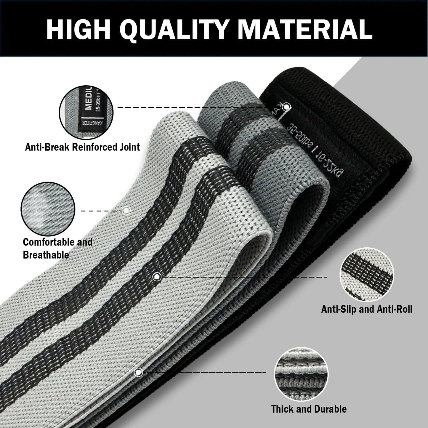 KANGFITER Non-Slip Fabric Resistance Bands for Working Out 3 Levels