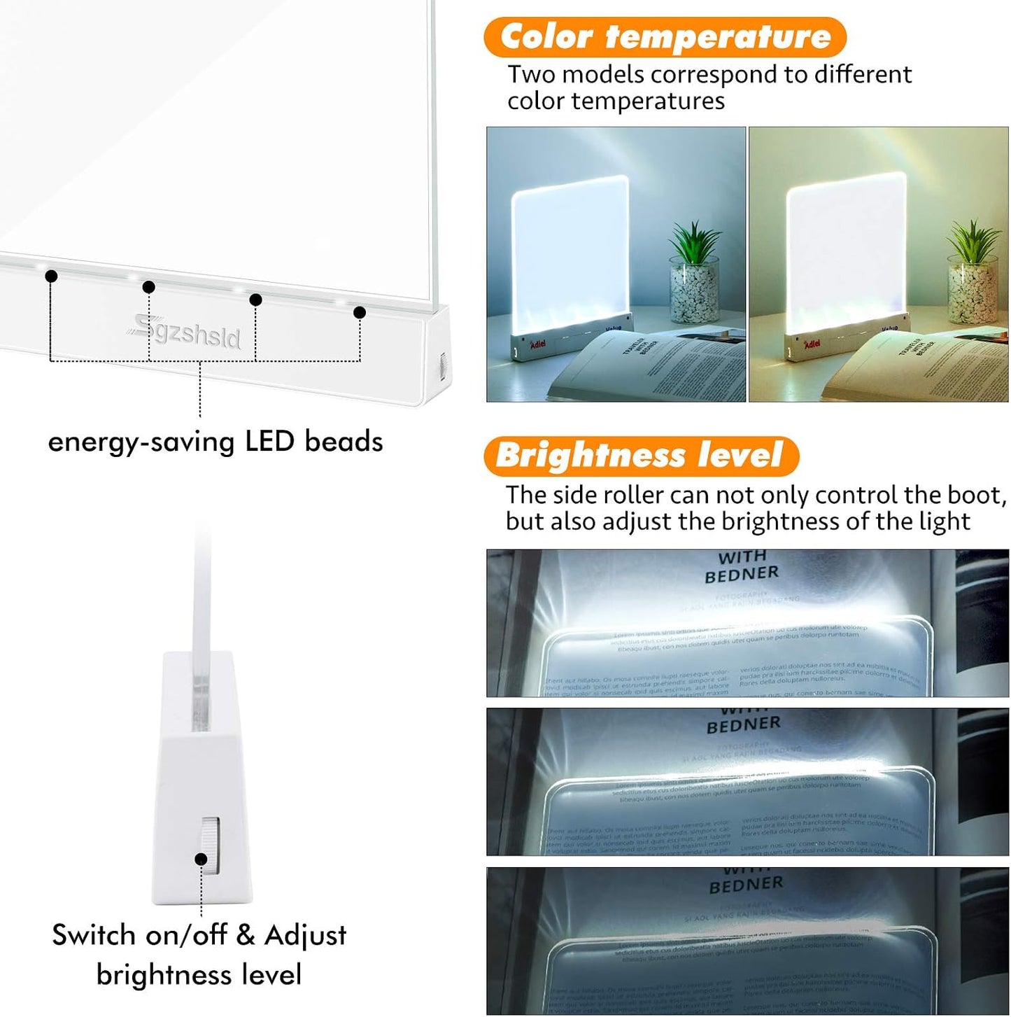 Book Light,Battery Powered Flat Plate led Book lamp,Brightness Adjustable,2 Color Temperature,Kids Book Light for Reading in Bed at Night Clip on Book Lovers Gifts (Warm)