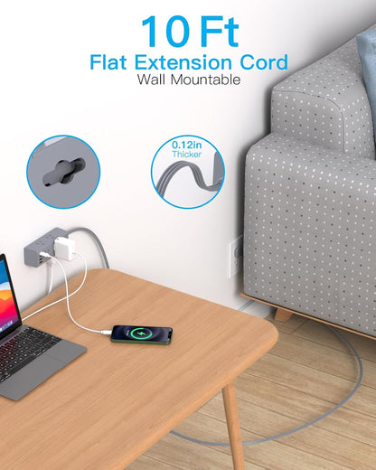 One Beat 10Ft Extension Cord with Multiple Outlets,Flat Plug Power Strip