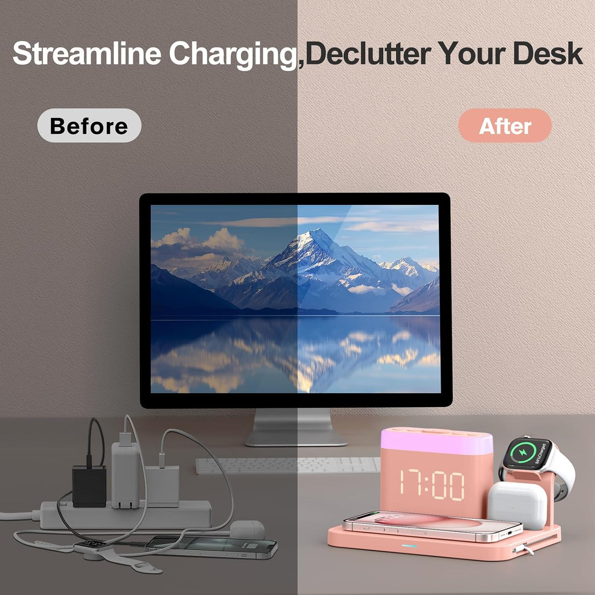 ANJANK Wireless Charging Station,5 in 1 Multiple Charger Stand with Alarm Clock,7 Night Light,Magnetic Charging Dock for iPhone 18 17 16 15 14 13 Pro Max Plus,Apple Watch 11/10/9/8,for Airpods,Bedroom