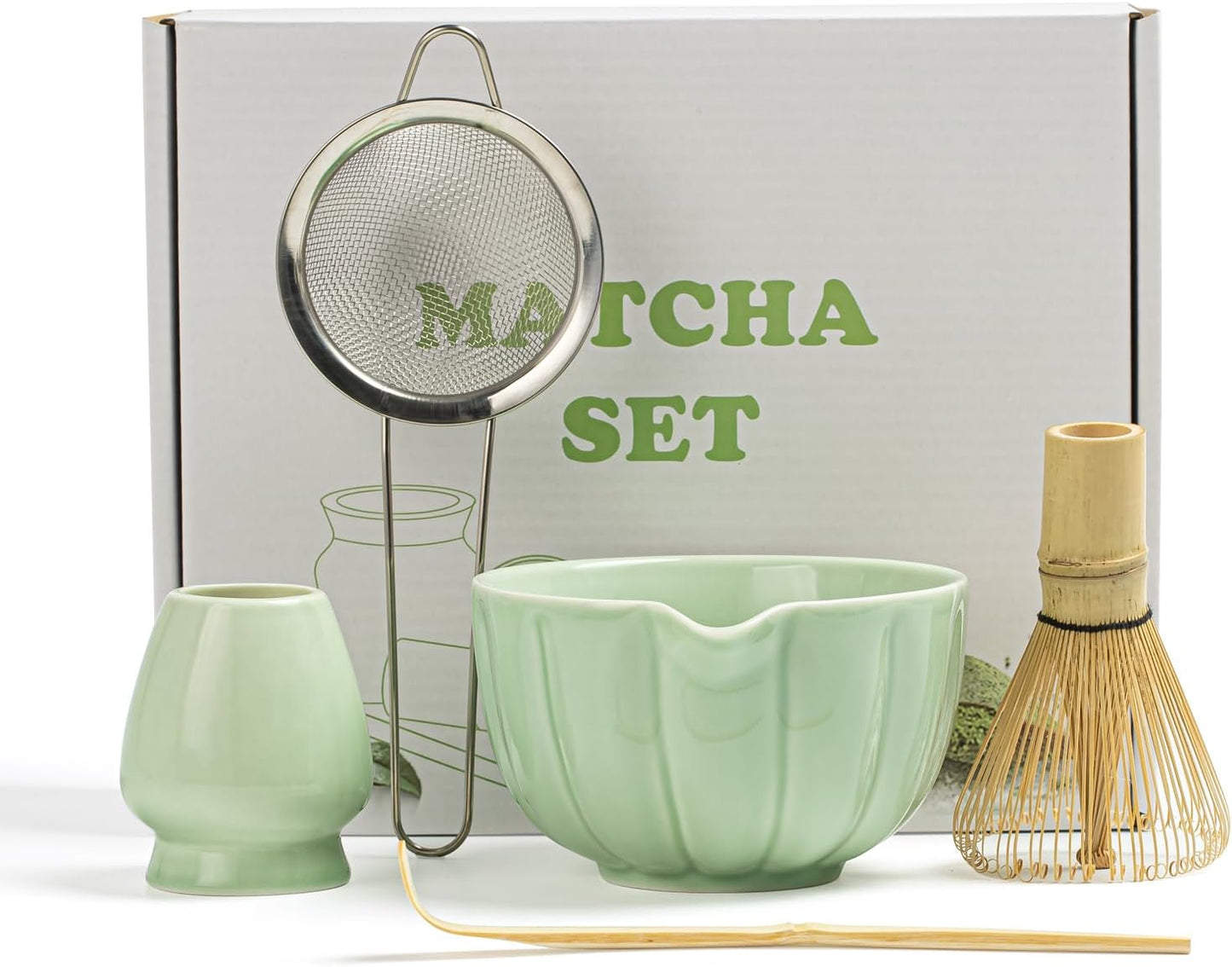 Matcha Whisk Set, Matcha Set Includes Ceramic Matcha Bowl, Bamboo Whisk, Scoop, Chasen Holder, Sifter, 5 Pcs Perfect Matcha Kit for Matcha Lover (Mottled Green)